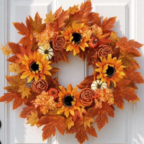 24 Inch Fall Wreaths for Front Door Autumn Thanksgiving Wreath with Pumpkin | Handmade Fall Harvest Wreath with Sunflower Hydrangea Rose Maple Leaves Farmhouse Thanksgiving Fall Decor for Home Porch Wall