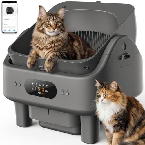 Open Top Self Cleaning Litter Box, Automatic Cat Litter Box for Multiple Large Cats with APP Control, 10 Safety Sensors, 6" LED Display, Quiet Odor Control, Trash Bags,Cat Stair, Litter Mat,5G WiFi