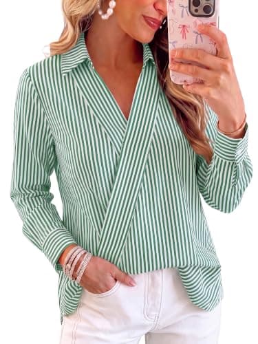 KIRUNDO Striped Shirt Women Fall Tops Business Casual Outfits(Green,M) | Long Sleeve Work Blouse, 2026 Trendy Fashion Clothing, Elegant Lapel V Neck Polo, Winter Dressy Tshirts