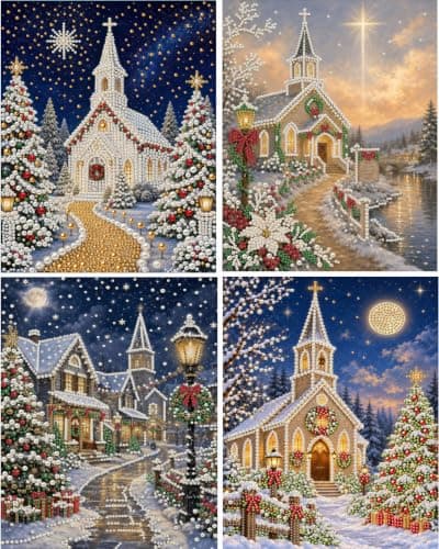 Amshem 4 Packs Christmas Pearl Art Kits for Adults,Church Pearl Painting Kits for Adults,Christmas Diamond Art Kits for Adults for Home Wall Decor 12x16inch
