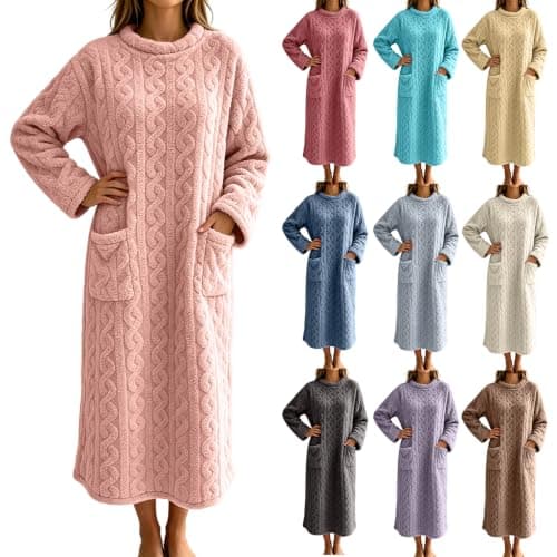 Coral Fleece Nightgowns Women Fuzzy Winter Loungewear Normal Pink S | Long Sleeve,Cable Textured,Maxi Sleep Dress with Pockets,Thick Nightshirt,Soft Plush Nightwear,Winter Nightdress,Pockets