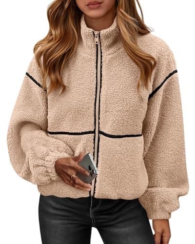 KIRUNDO Sherpa Jacket Women Fleece Zip Up Winter Coats(Beige, M) | Oversized Fall Teddy Jackets, Long Sleeve, Color Block, Loose Fit, With Pockets, Faux Fur Warm Outwear, 2026 Fashion Clothing