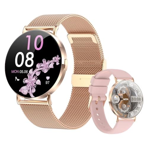 MYHOYI Smart Watches for Women, Rose Gold AMOLED Fitness Tracker, Two Bands