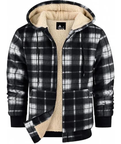 ZITY Heavy Thick Hoodies for Men Plaid Flannel Warm Sherpa Fleece Lined Winter Full Zip Up Coat Black Large