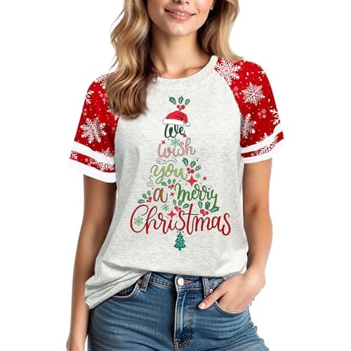 Christmas Shirts for Women: Color Block Botanical Costumes Tee Red