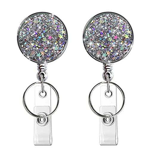 Boutilon Retractable Badge Holder, Retractable Badge Reels,Lightweight Plastic Badge Reel Card Holder with Key Ring Backing Belt Clip for Nurse,Volunteer,Teacher,Student(Glitter Silver 2pack)