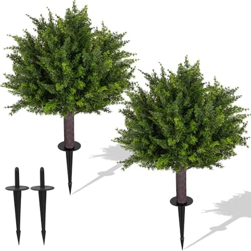 24.5 Inch Set of 2 Topiary Cedar Trees Artificial Outdoor | UV Resistant Shrubs Artificial Outdoor Plants,Artificial Bushes for Outdoors with Ground Spike for Spring Porch Decor