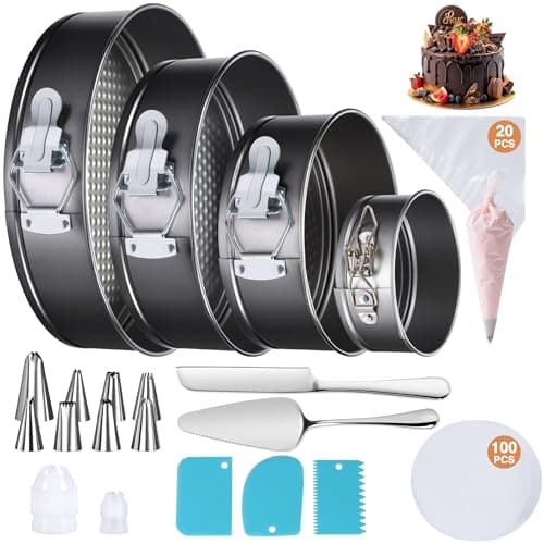 Gymdin 139PCS Springform Cake Pan Set - 4 Non-stick Cheesecake Pans(4/7/9/10-Inch) + Cake Decorating Supplies: Parchment Paper, Pastry Bags and Tips, Icing Scrapers, Cake Cutting Set & More