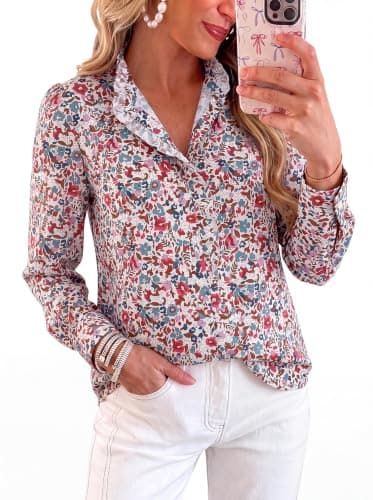 BTFBM Women Puff Long Sleeve Shirts Ruffle Collar Floral Boho Tops | Ruffle V Neck Tops,Button Cuffs Shirt,Button Down Work Blouses Dressy Casual,Business Casual Outfits,Early Fall Fashion 2026