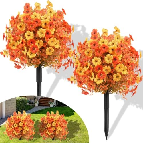 20" Set of 2 Artificial Fall Topiary Ball Flowers for Outdoors, Fake Plant | UV Resistant,20" Faux Violet Bushes with Ground Spikes, Mixed Orange, Brown & Yellow Fall Tones,Indoor & Outdoor