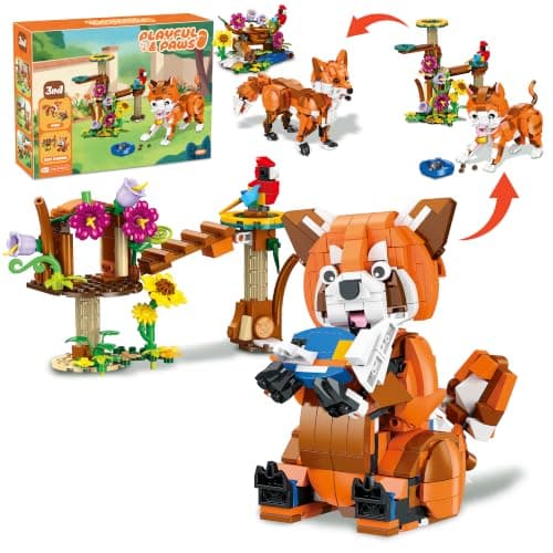 LYNGVA SAIRO 3 in 1 Animal Building Set for Kids 8+, Cat, Red Panda, Fox | Build 3 Posable Animal Figures,Rich Scene with Trees,Flowers,Parrots,Fish,Mouse,Desk Decor & Birthday Gift for Boys Girls 8+