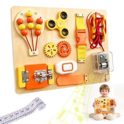 SEYTUFU Montessori Busy Board Toys, Wooden Sensory Activity Board for Autistic Children, Travel Toys for 3+ Year Old Boy & Girl Birthday Gift, Attached Growth Chart for Kids