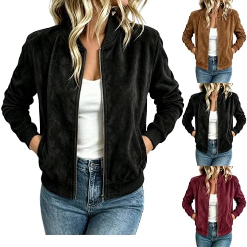 Faux Suede Jacket Women Fall Rib Collar Zip Up Bomber Jacket with Pockets | Womens Bomber Jackets for Fall Womens Suede Jacket Sacos de Mujer Para Vestir Casual White Elepahnt Gift Basket Stuffer
