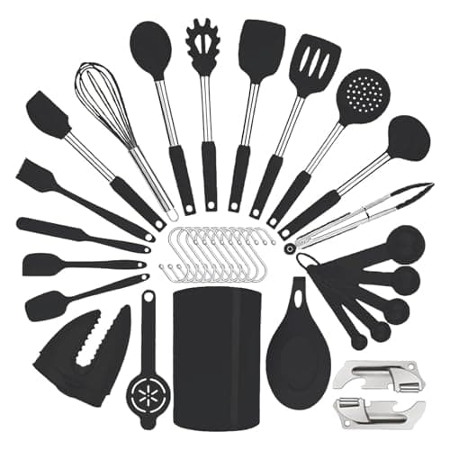 Silicone Kitchen Cooking Utensils Set with Stainless Steel Handle, Spatula Set Utensil Set, Cooking Utensil Set,Kitchen Tools Gadgets for Nonstick Cookware (35, Black)