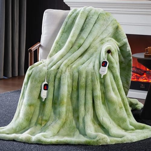 Guohaoi Heated Blanket, Soft Faux Rabbit Fur Electric Throw, 90"×100" | Electric Blanket with 10 Heating Levels 5 Setting Timer Auto Off, Cozy Warm Heating Blankets, Machine Washable, LightGreen