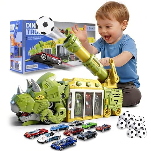 BYFWH Dinosaur Triceratops Truck Car Toy, Shooting Game with Storage Bay | Dinosaur Shooting Truck with Foldable Pod, 10 Mini Cars & 12 Soft Balls, Develops Kids Hand-eye Coordination