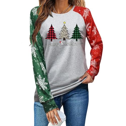 Christmas Shirts for Women:Tree Color Block Long Sleeve Xmas Tops