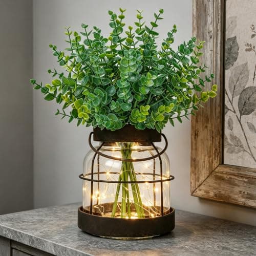 مزهرية «Der Rose Vintage» مع نباتات اصطناعية وأضواء LED لتزيين المنازل ذات الطراز الريفي