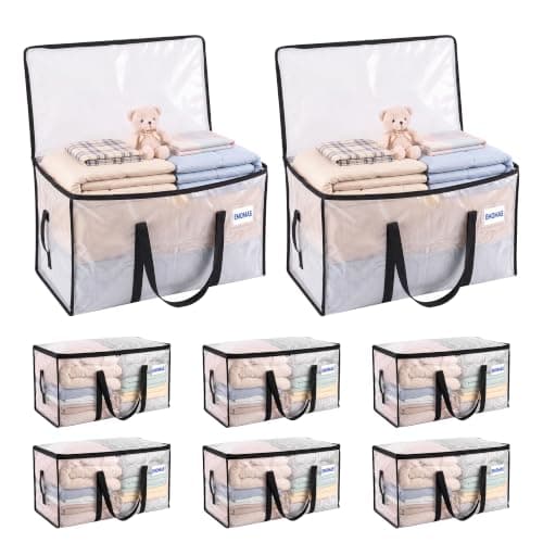 EMOMAS 8 Pack Clear Moving Bags, Heavy Duty, Extra Large with Handles | Water-resistant PP material; contents visible at a glance; full-top zip access; label pockets with 8 blank cards
