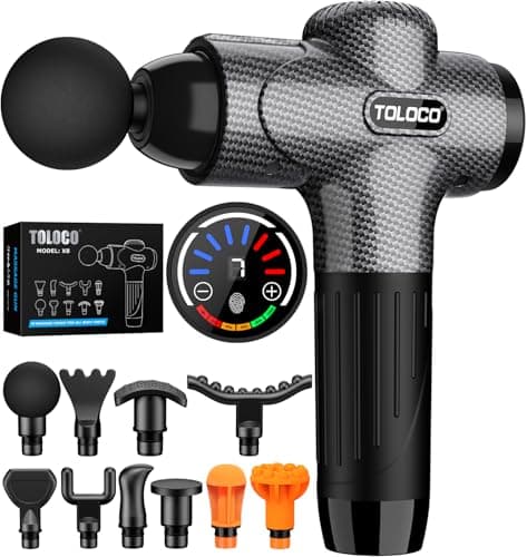 TOLOCO Massage Gun Deep Tissue, Percussion Massage Gun with 10 Replacement Heads, Super Quiet Portable Electric Massager for Athletes, Relax, Fathers Day Dad Gifts, Black