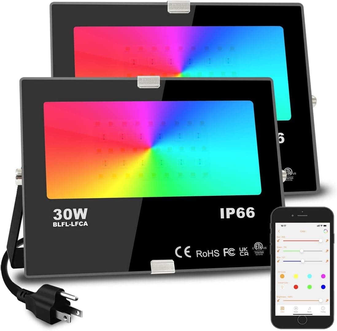 MELPO Led Flood Light 30W, 300W Equivalent Outdoor Color Changing Lights | 3000 LM, 2700K & 16 Million Colors&Timing& Music Sync, Bluetooth RGBW Floodlights,Led Stage Landscape,IP66 US 3-Plug (2 Pack)