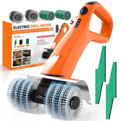 PUNOLAZY Electric Grill Brush for Outdoor Grill Cordless BBQ Brush | Dual Rotating Heads W/ Scraper,450 RPM F/R Rotation,LED Lights,6 Replaceable Brush Set Electric Grill Cleaner for Any Grills