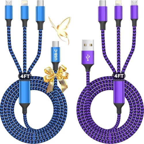 Multi Charger Cable, 3 in 1 Charging Cable USB Phone Multiple Charger Cord | Universal Charging Cords (2Pack 4FT) with Multiple Connectors - Type C, IP, Micro USB Cable for iPhone17/16, iPad, Galaxy