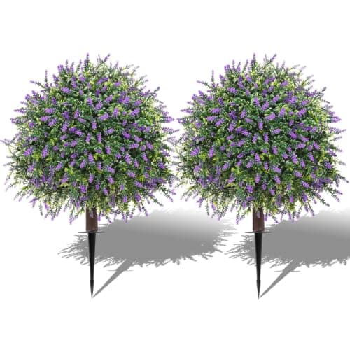25.6" Set of 2 Artificial Boxwood Topiary Ball Trees with Lavender | Fake Evergreen Shrubs with Ground Spikes, UV Resistant Fake Plants for Outdoor Front Porch Patio Decor