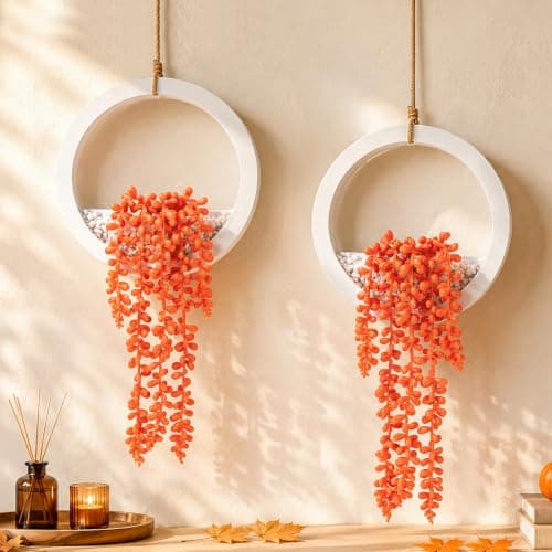 Der Rose 2 Pack Hanging Artificial String of Pearls for Fall Wall Decor | 16" Faux Succulent Wall Art in White Ring Planter with Rope, Boho Greenery for Bathroom, Bedroom & Living Room, Ready to Hang
