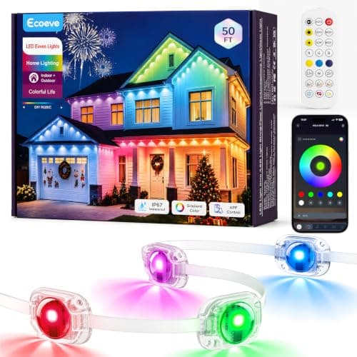 Ecoeve Permanent Outdoor Lights for House, 50ft RGB+IC Christmas LED Lights | App & Remote Control with Guest Mode, 16 Million Colors, 50+ Scenes, Music Sync, IP67 Waterproof Seasonal Rope Lights