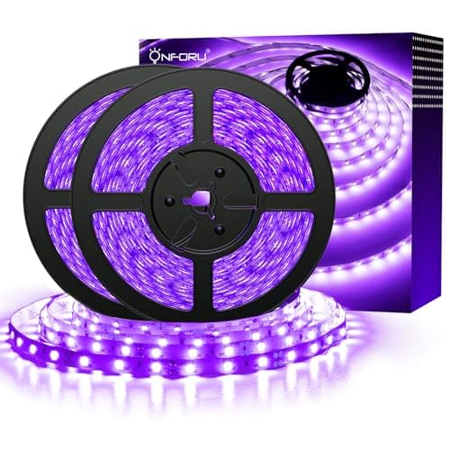 مجموعة شريط الإضاءة السوداء LED من Onforu بطول 32.8 قدمًا، 600 حبة إضاءة، مصابيح إضاءة سوداء مرنة بجهد 12 فولت، شريط بطول 10 أمتار، غير مقاومة للماء، مناسبة لحفلات الإضاءة المتوهجة، وحفلات أعياد الميلاد الداخلية، والرسم على الجسم، وعيد الهالوين