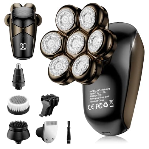 SHPAVVER Head Shavers for Bald Men: 5-in-1 IPX7 Waterproof Grooming Kit - 7D Floating Electric Razor with Magnetic Removable Head - Wet/Dry LED Display - Type-C Charging, Black