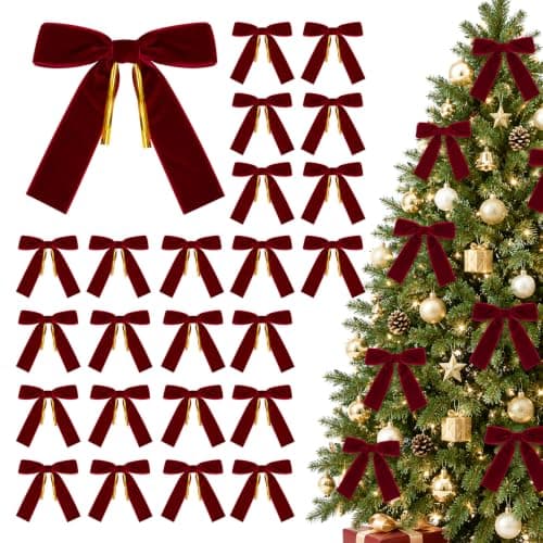 Der Rose 24 Pcs Burgundy Velvet Christmas Tree Bows, 5 * 7", 1" Wide | 24 pre-tied burgundy velvet bows add rich holiday color and soft texture to Christmas trees, wreaths, garland and gifts