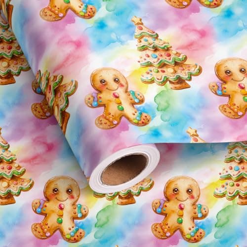 Vnaaem Gingerbread Christmas Wrapping Paper Roll for Boys Girls - Colorful Gingerbread Man, Trees, Candy Design Xmas Gift Wrap for Holiday Birthday Winter Party(Total 28.5 sq.ft)