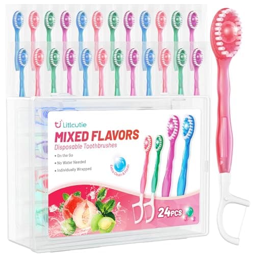 Litlcutie 24 Pack 5-in-1 Disposable Travel Toothbrush Set,Mixed Flavor | Includes Toothpaste, Floss, Dental Pick & Tongue Scraper. Individually Wrapped Oral Care Kit for Adults & Kids, Travel & Camp