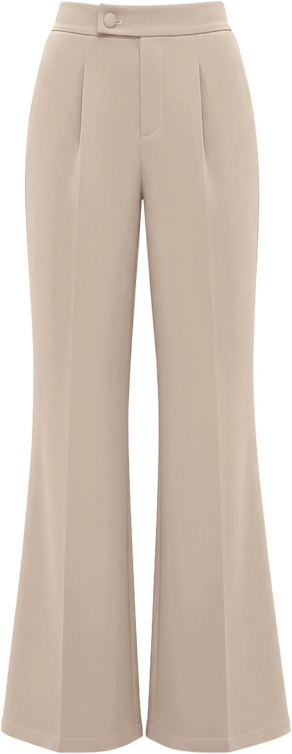 KIRUNDO Womens Dress Pants High Waisted Wide Leg Pleated Trousers Flare Palazzo Slacks Pockets Business Casual Outfits(Beige, X-Small)