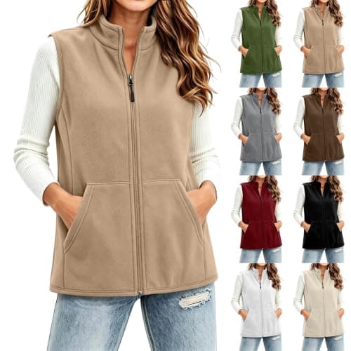 Hrwauag Women's Lightweight Fleece Sleeveless Vest Full Zipper Stand Collar Fall Casual Gilet with Convenient Side Pockets