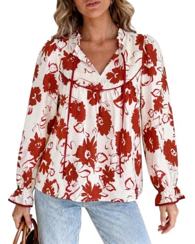 PRETTYGARDEN Women Boho Floral Babydoll Tunic Top,White Burgundy Floral,L