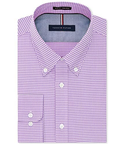 Tommy Hilfiger Men's Dress Shirt Slim Fit Non Iron Gingham, Iris, 16.5" Neck 32"-33" Sleeve