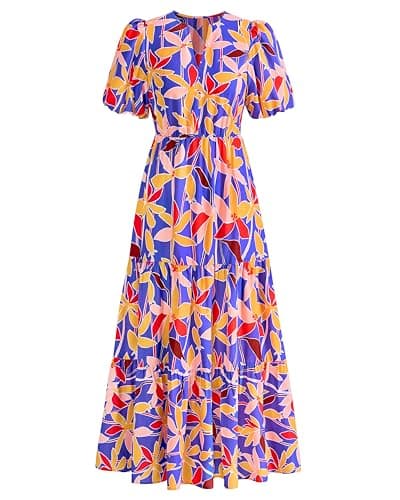 dowerme Women Summer Puff Short Sleeve Floral Boho Tiered Ruffle Maxi Dress | Casual V Neck Wedding Guest Dresses 2026,Fall Fashion A-Line Long Sundress with Pockets,Spring Flowy Beach Vacation Clothes