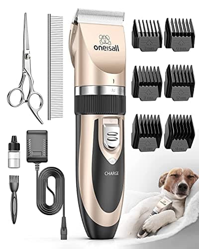oneisall Dog Clippers Low Noise Grooming Kit for Dogs Cats Pets | Cordless & Long Battery Life, Simple for Beginners, 6 Guide Combs, Removable & Rinsable Blade