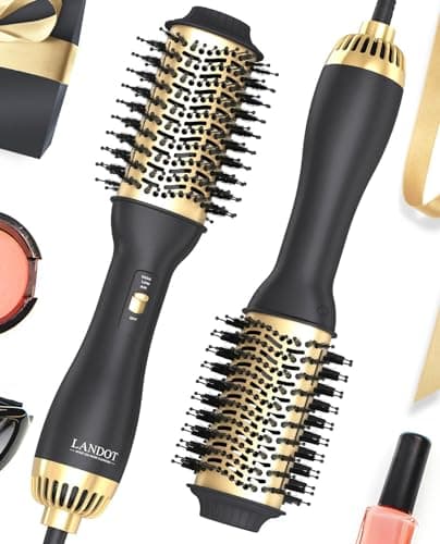 LANDOT Hair Blow Dryer Brush 60mm One-Step Hot Air Styler Blowout Volumizer | Salon Blow Dry, Ionic Anti-Frizz, Smooth Shine, Lightweight, 3 Heats/2 Speeds, Thick Fine Normal Hair, Fast Drying Volumizing