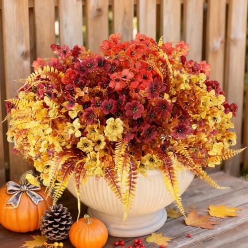Enlightcode Artificial Fall Flowers for Outdoors, Artificial Mums of Fake Flowers for Outdoor Planters, No Fade Vibrant Artificial Flowers with Ferns for Porch Patio Yard Decoration, 12 Bundles