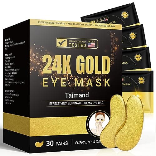 Taimand Under Eye Patches (30 Pairs), 24K Gold Eye Mask for Dark Circles | for Puffy Eyes, Bags and Wrinkles, with Collagen, Hyaluronic Acid, Relieves Pressure, Revitalises Skin for Women and Men