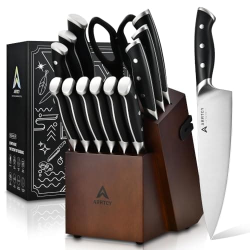 Arrtcy Kitchen Knife Set with Block, 15PCS German Steel,Built in Sharpener | Full handle ergonomic design suits ankle joint patients. Easy cutting.Dishwasher safe,meets 98% of daily slicing needs.