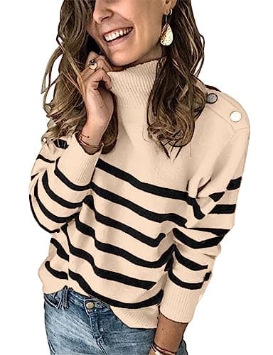 KIRUNDO Fall Sweaters for Women Striped Turtleneck Sweater(Apricot, M) | Ribbed Knit, Mock Neck, Long Sleeve, Trendy Pullover Jumper, Shoulder Decoration Button, 2026 Autumn Winter Fashion Clothing