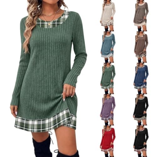 Women Ribbed Knit Tunic Dress Crewneck Long Sleeve Plaid Patchwork Hem Sweater Dress Casual Loose Midi Dress for Fall Winter Christmas Green