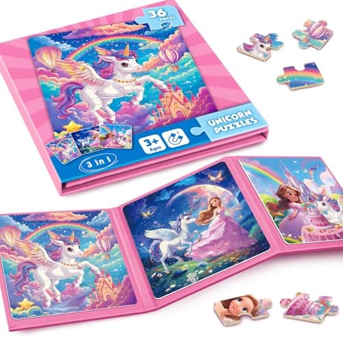 Homicozy Magnetic Jigsaw Puzzles for Kids 3-8, Unicorn Princess Travel Toy | 36-Piece Magnetic Puzzle for Kids Ages 3-5 4-6, Car Airplane Road Trip Activities, Quiet Screen-Free Game, Girl Birthday Gift