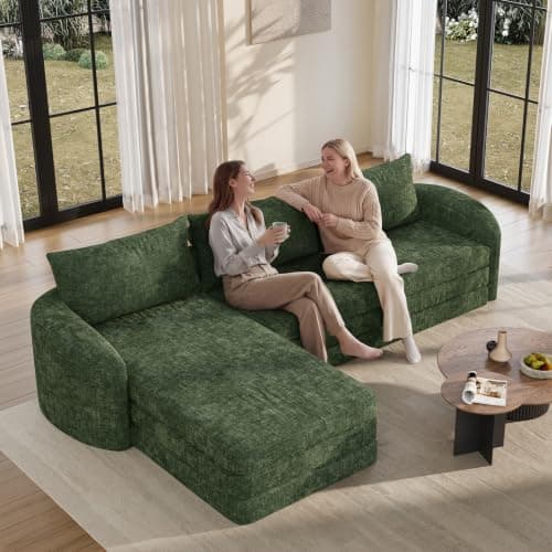 Vesgantti 6 in 1 Folding Sofa Bed, Boneless Sectional Sleeper Couch, Green | 110.2" Convertible L Shaped Sofa, Curved Armrest, Deep Seat Boneless Couches for Living Room, Chenille, Left Facing Chaise