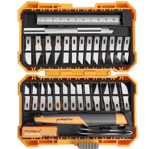 MulWark 32-Piece Precision Hobby Knife Set - Exacto Knife Set For Modeling - Craft Knife Handle Customized With Chiseling, Stencil Edge And Fine Point Blades With Sharpening Stone And Steel Ruler